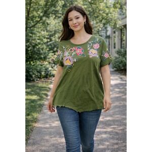 Sundance Olive Green Embroidered Floral Cotton Top Raw Hem Boho Womens Medium